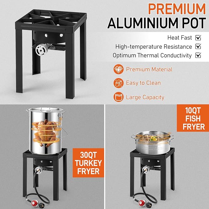 Outvita 30QT Turkey Fryer & 10QT Fish Fryer Kit w/ 55,000BTU Propane Stove, Aluminum Outdoor Deep Fryer & Seafood Boiler Steamer Gas Boiler, Gifts for Christmas Thanksgiving Day