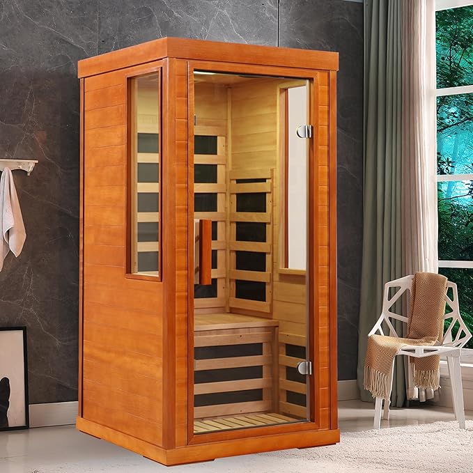 Far Infrared Saunas for Home, 1 Person Sauna Indoor Okoume Wood 1170W Low Emf Dry Sauna Room with Bluetooth Audio, 7 Heaters Panels and Tempered Glass Door (Red, 31.5" * 31.5" * 63.3")
