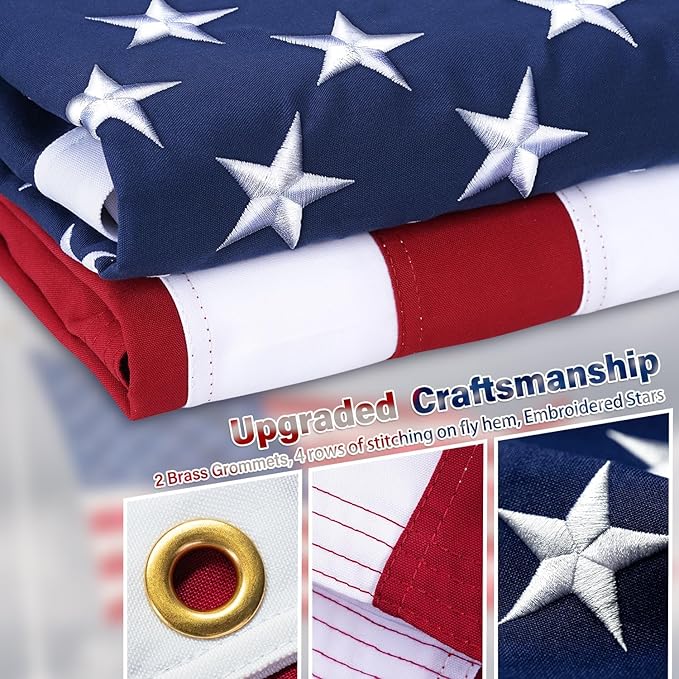 Deluxe Cotton American Flag 3x5 FT for Outside, Tear Resistant US Flags High Wind with Embroidered Stars, Sewn Stripes, the Best Indoor Outdoor Flags