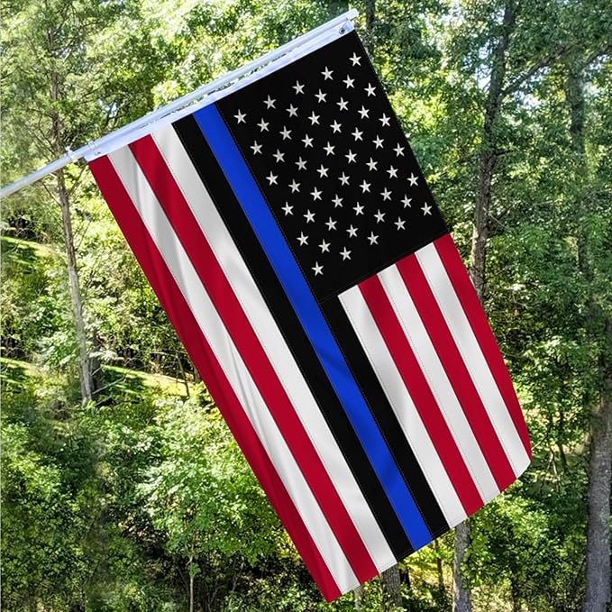 Embroidered Blue Line American Flag for Outside 3x5 Polyester Fiber American Flag Blue Line Bright Color with Durable Canvas Header and 2 Non Fading Brass Grommets