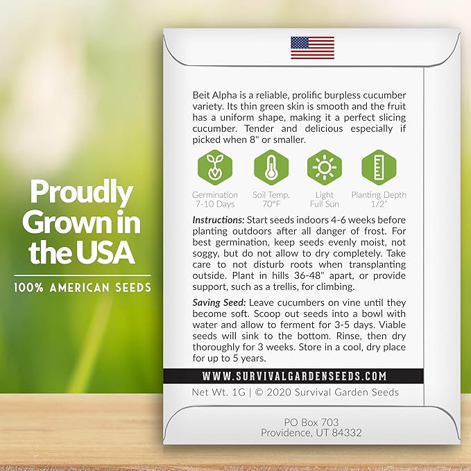 Survival Garden Seeds - Beit Alpha Cucumber Seed for Planting - Pack with Instructions to Plant and Grow Smooth Green Burpless Cucumbers in Your Home Vegetable Garden - Non-GMO Heirloom Variety - 5