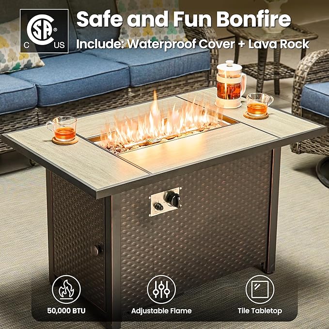 ovios 8 Pieces Patio Furniture Set, Outdoor Wicker Sofa Couch with Swivel Chairs 42" Fire Pit Table, High Back All Weather Modern Conversation Sets, Grey Rattan, Denim Blue