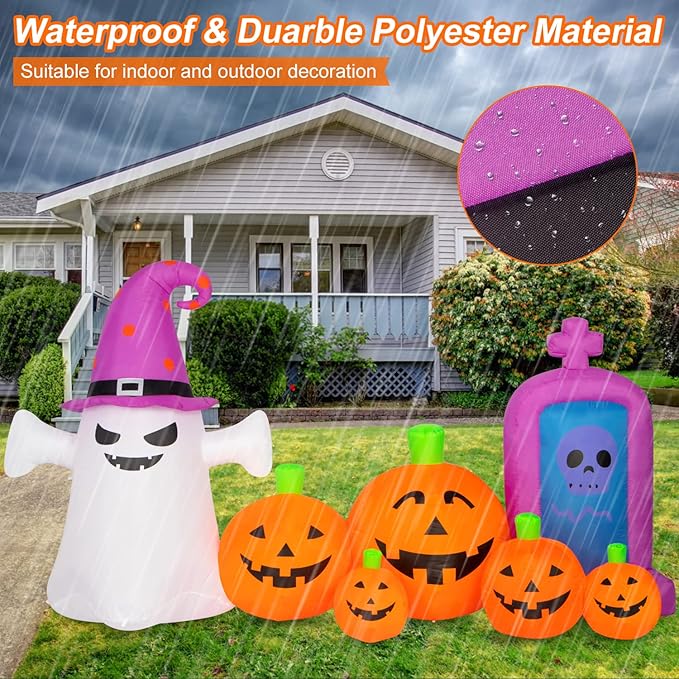 Halloween Decorations Outdoors 8FT Long Inflatable Pumpkin with Ghost and Skull Tombstone Scary Blow Up Halloween Pumpkin Decoration Built-in LEDs for Party Garden Lawn Decor