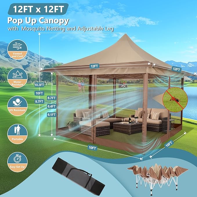 COBIZI 12x12 Pop Up Gazebo On Clearance Canopy Tent Easy Up Outdoor Gazebo Waterproof Upgrade with Mosquito Nettings and Carry Bag for Patio Garden Lawn
