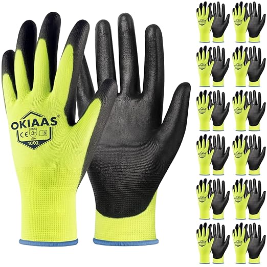 OKIAAS Work Gloves for Men, Ultra Thin and Lightweight Working Gloves with Grip, 12 Pairs Bulk Pack Construction Gloves with Polyurethane Coating for Light Duty Work (Green, X-Large)