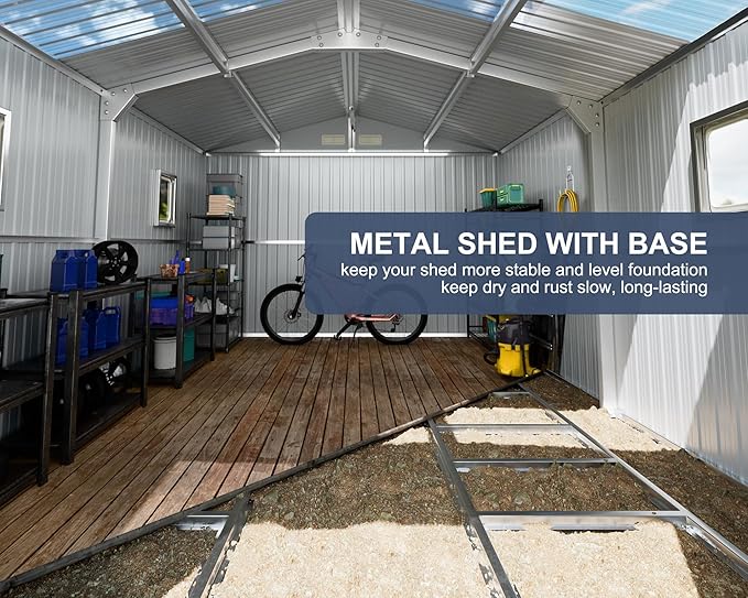 10x12 FT Metal Outdoor Storaged Shed with Floor Base Waterproof Reinforced Frame with Unique Clear Roof Skyview Windows Air Vents Door for Garden Patio Backyard Large Tools Storage Lawnmower,Dark Grey