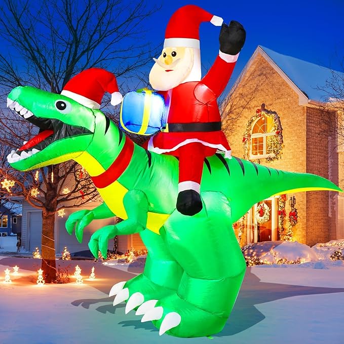 9x7FT Christmas Inflatables with LED Santa Ride on Dinosaur Outdoor Christmas Dinosaur Inflatable Blow Up Yard Decorations with Sandbags Stakes Strings for Garden Decor