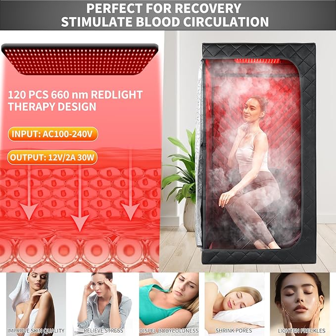 Portable Infrared Sauna for Home, One Person Steam Sauna, Full Body Sauna Tent for Relaxation,1 Person Steam Sauna Box with 660nm Red Light Therapy, 3L&1100W Sauna Steamer, Folding Chair