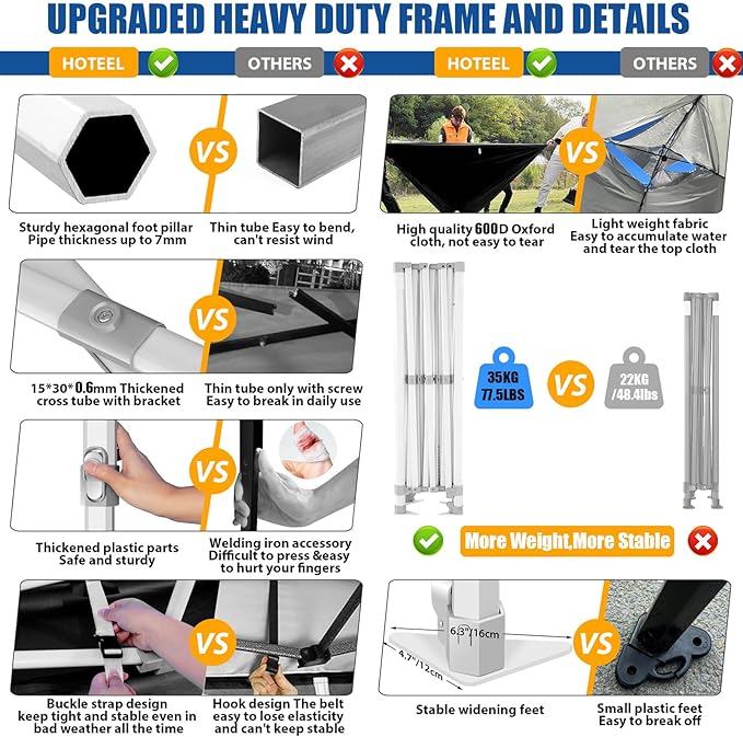 HOTEEL 10x20 Pop up Canopy Tent for Parties, Heavy Duty Easy Setup Tent Without Sidewalls, Outdoor Commercial Instant Gazebo for Wedding Event, with Roller Bag & Sand Bags, Black(Hexagonal Frame)