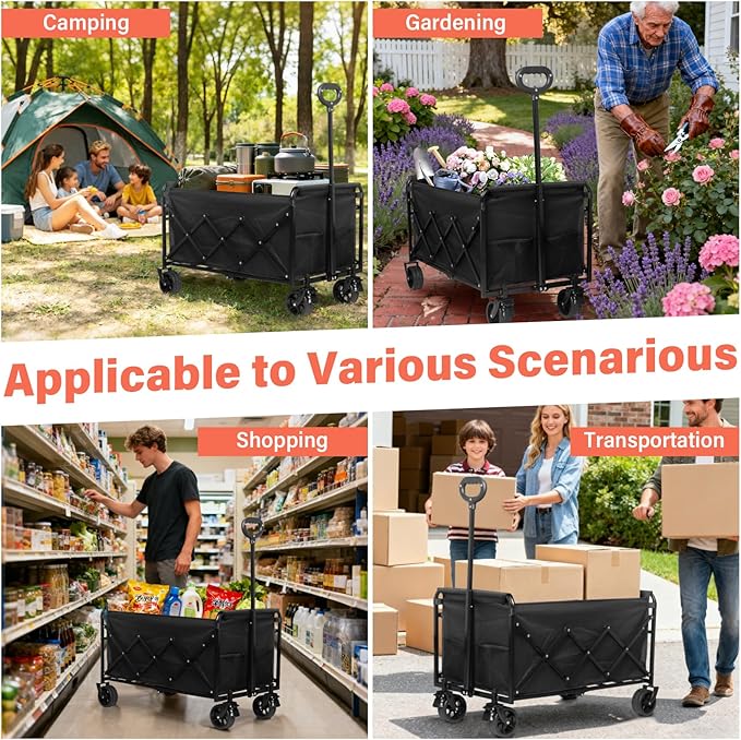Collapsible Wagon Cart Foldable - Extra Large 500 lbs Capacity Portable Folding Beach Wagon with Wheels - Heavy Duty Utility Cart for Groceries, Shopping, Camping, Sports, Garden - Black