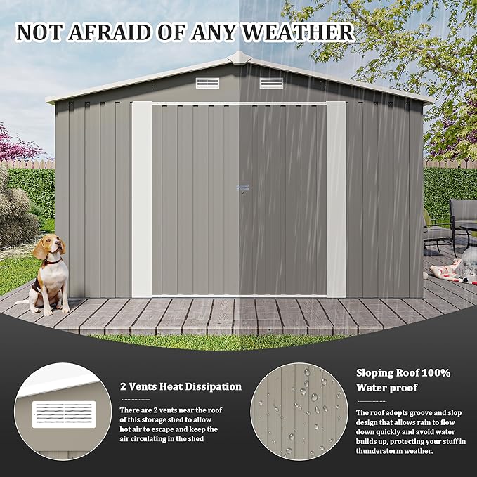 10x14 FT Outdoor Metal Storage Shed with Lockable Door, Steel Garden Utility Shed with Vents, Backyard Patio Tool Shed for Lawn Equipment, Bike, Firewood and Mower Storage, Light Gray