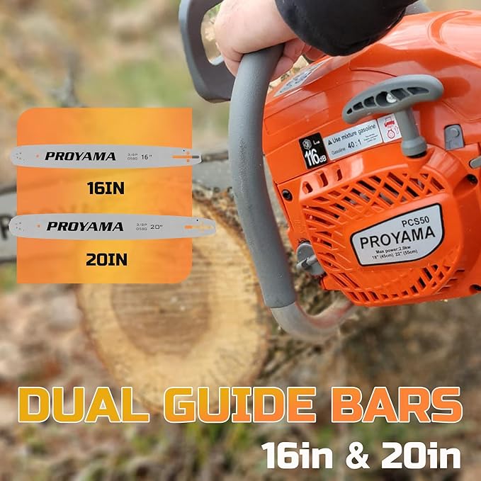 PROYAMA 58CC Gas Powered Chainsaw, 2 Cycle 2.8HP Powerful Chain Saw, 16inch & 20inch Chainsaw Bar, Gasoline Outdoor Cordless Chain Saw for Cutting Forest Wood Garden Trimming Tools