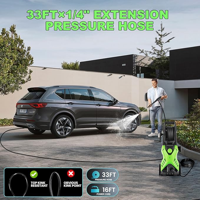 5000 PSI Adjustable Pressure Washer 2.8GPM Electric Power Washer with 33ft Pressure Hose, 4 Nozzle and Foam Cannon, Powerwashers for Home, Cars, Pressure Setting Range (2500-5000PSI) Green