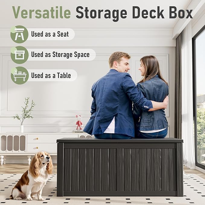 Outdoor Storage Box, Resin Deck Boxes Indoor and outdoor, Waterproof Storage Box Lockable Lid (Black, 120 Gallon)
