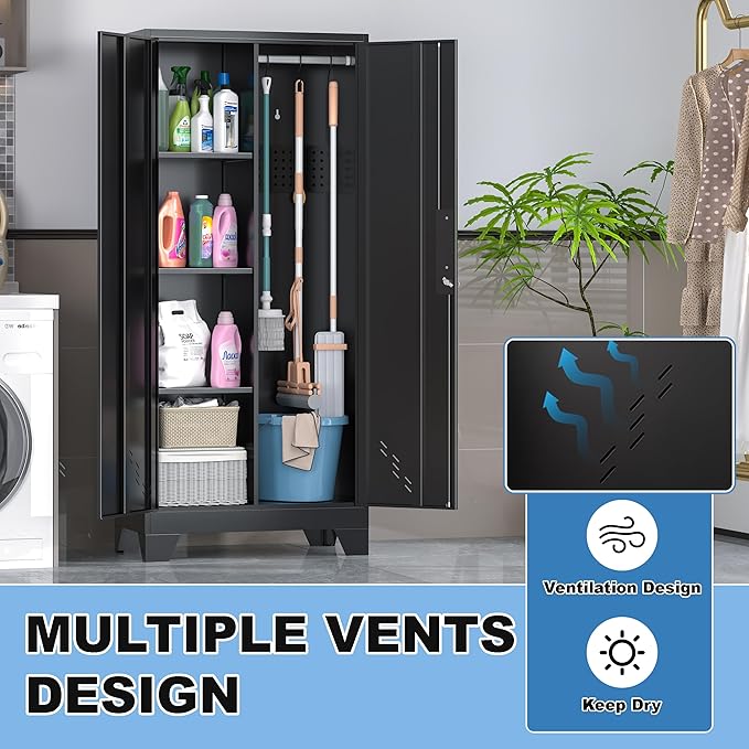 61" Outdoor Storage Cabinet, Heavy-Duty Metal Lockable Storage Shed with Ventilated Doors & Pegboard Hooks, Tool Cabinet for Garage, Garden & Patio, Easy Assembly