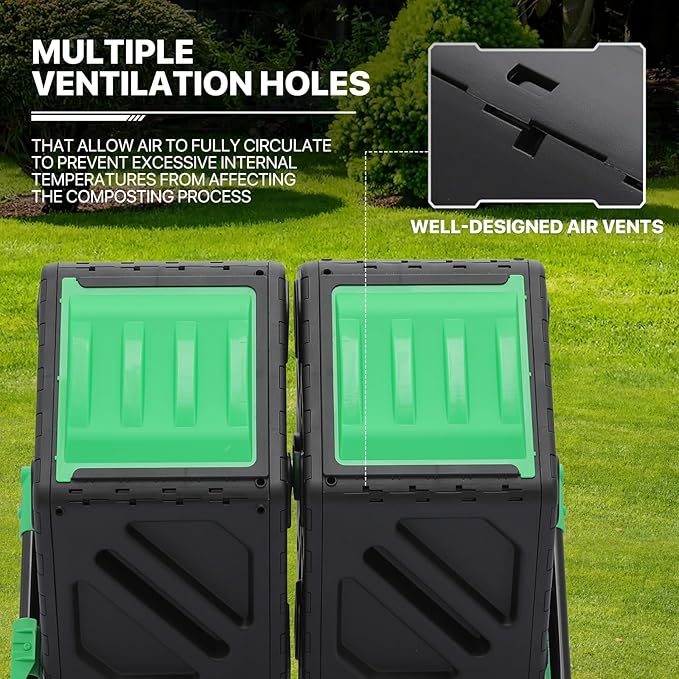 MoNiBloom 34 Gallon Compost Bins Outdoor Dual Chamber Composter Tumbler, All-Season Fast Working Tumbling Composter, High Volume Composter with 2 Sliding Doors