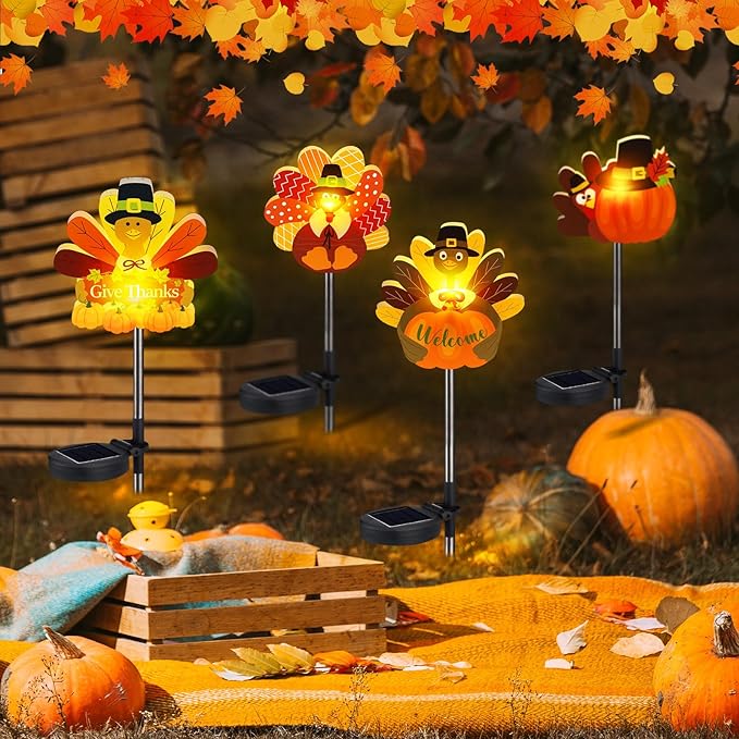 Retisee 4 Pack Thanksgiving Turkey Outdoors Cute Solar Lights Multicolor Patterned Solar Waterproof Lights Outdoor Yard Decorations Pathway Lawn Porch Fall Party Supplies for Home Yard Party Favors