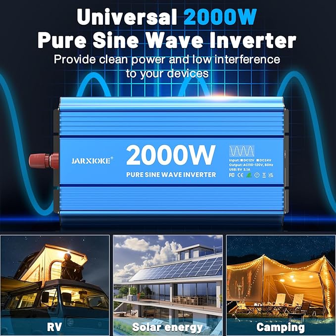 2000 Watt Pure Sine Wave Power Inverter, 24V dc to 110 Vdc to 120 Vdc, for Home, RV and Off-Grid Solar Systems, with 2 AC Outlets and USB Port, LCD Display, with Remote Control