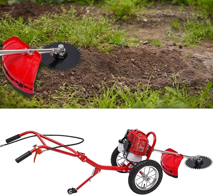 49CC 2 Stroke Walk-Behind Lawn Mower Brush Mower with Wheels 1.8Kw Gasoline Hand Push Grass Trimmer for Orchards Vegetable Fields Gardens Lawns, 3 Functions