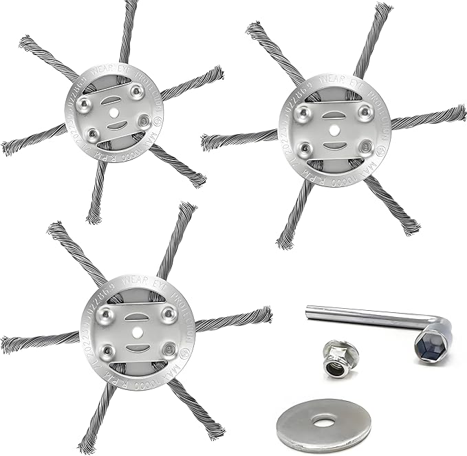New Upgrade Steel Wire Grass Trimmer Head, 6 Inch, 6 Blades Design, Rotary Brush Weed Cutter, Weed Eater Replacement Part with Installation Tools and Accessories(3 Pack)