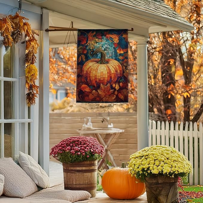 Garden Flags, Garden Flag, Stained Glass Style Pumpkin Maple Leaf Double-Sided Flags for Farmhouse Yard Outdoor Decoration-12 x 18inch (Pumpkin-4)