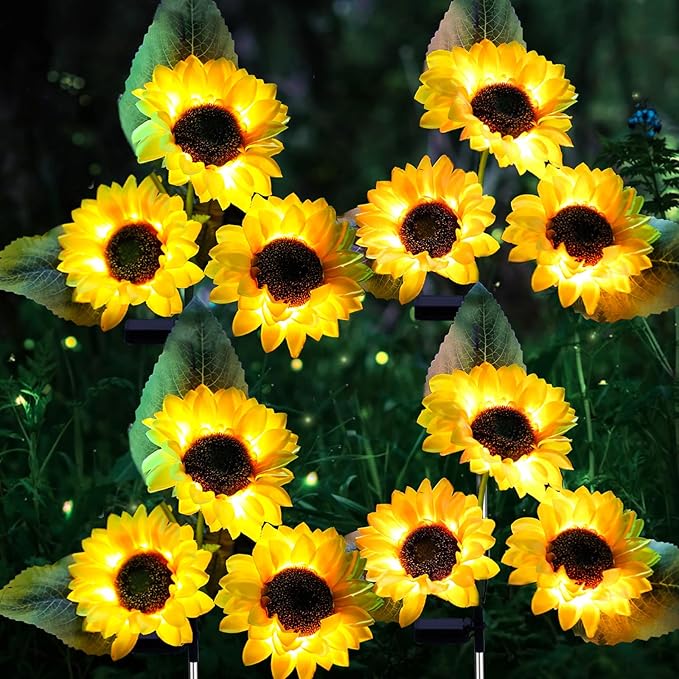 ANGMLN Solar Sunflower Outdoor Garden Lights, 4 Pack with 12 Sunflower Waterproof Garden Decor, Gifts for Mom Grandma, Waterproof Decorative Lights for Pathways Patios and Yards Decorations