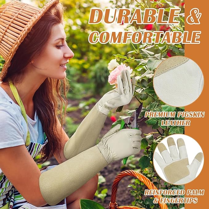 Rose Pruning Gloves for Men & Women, Long Thorn Proof Gardening Gloves, Breathable Pigskin Leather Gauntlet, Best Garden Gifts & Tools for Gardener(Beige White, L)