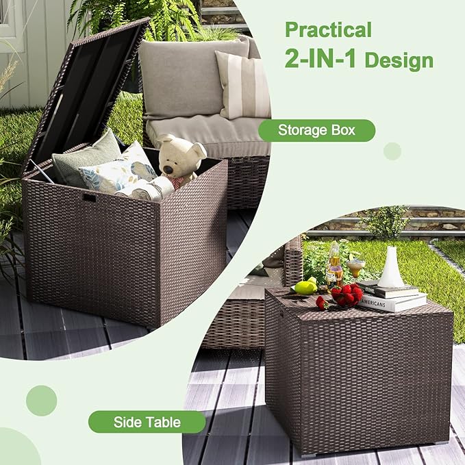 HAPPYGRILL Outdoor Storage Deck Box, 72 Gallon Square Wicker Patio Rattan Storage Container with Zippered Liner & Safe Pneumatic Rod, Outdoor Wicker Deck Box for Garden Tools Cushions