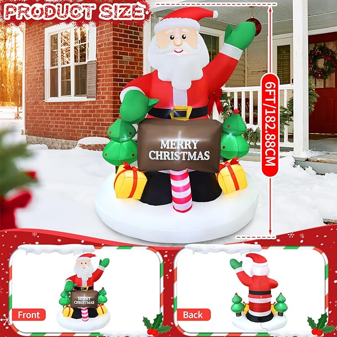2025 Christamas Inflatable Santa 6FT Holding Sign Santa Claus Christamas Inflatables Outdoor Decorations Xmas Santa Blow Up Yard Decor with 8 Built-in LEDs for Holiday Party Yard Garden Lawn Decor