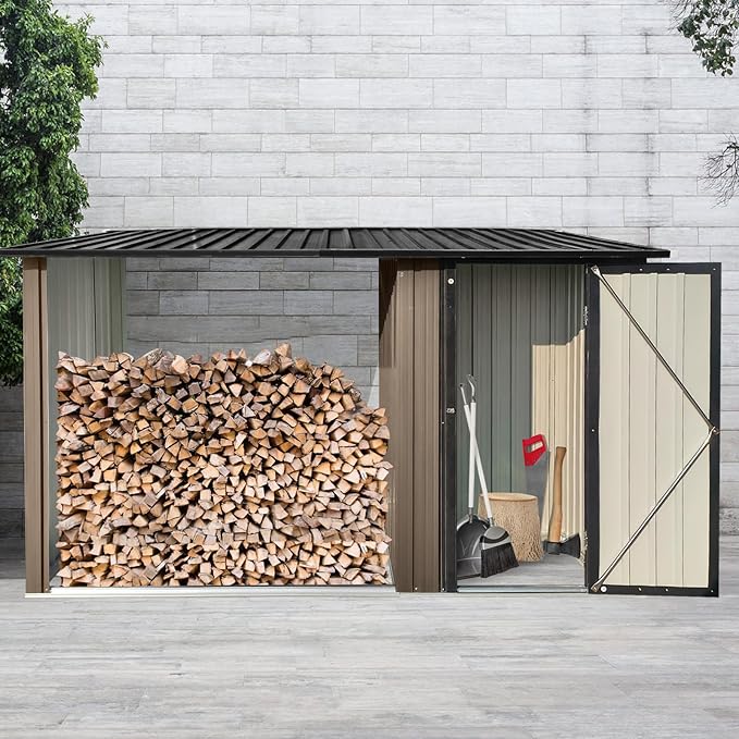 Firewood Rack Outdoor Metal Storage Shed,Two-in-one Function with Sloped Roof and Open Woodshed Design,Tall Door w/a Latch,Waterproof Building Organizer,for Motorcycle,Bicycles,Black+Brown