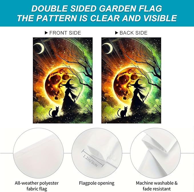 Halloween Horror Garden Flag 12x18 Inch Witch Silhouette Black Cat Moonlight Flag Outdoor Yard Decoration House Banner Porch Lawn Patio Home Decor