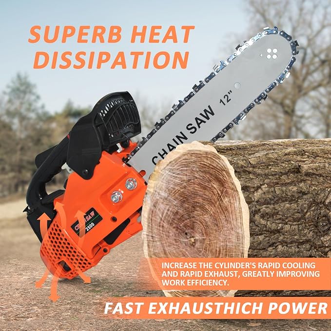 26cc Gas Chainsaw, 2-Cycle Top Handle Petrol Handheld Cordless Chain Saw, 12 Inch Professional Power Chain Saws, Great For Tree Felling, Limbing, Pruning, and Firewood