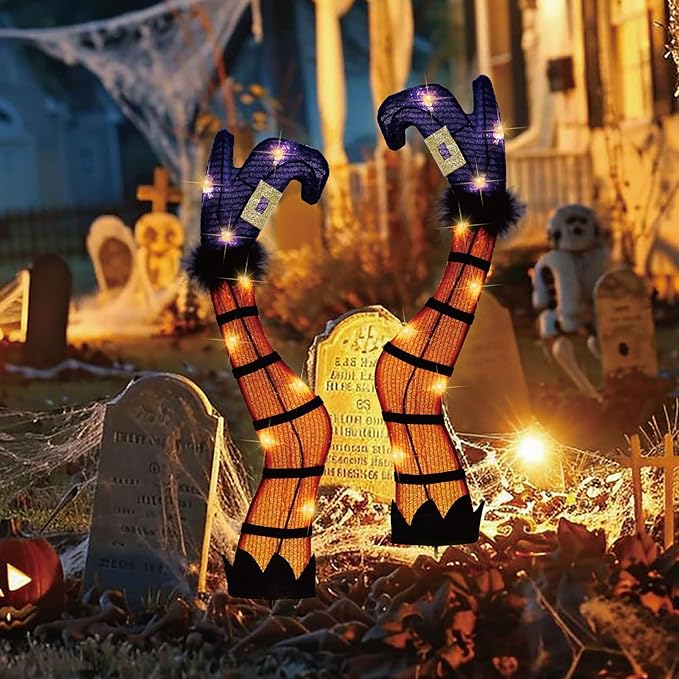 30" Halloween Lighted Witch Legs with Stakes, Light Up Witch Feet with Timer & 8 Lighting Modes, Battery Operated Witch Decor for Outdoor Yard Garden Lawns Pathway Decor (24" Leg+6" Stake)