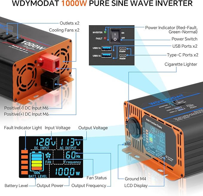 1000W Pure Sine Wave Inverter, Car Power Inverter 12V to 110V 120V, DC to AC Converter Generator with AC Outlets 3.0A USB Type-C, Remote Controller LCD Display Truck Inversor for Vehicles, RV