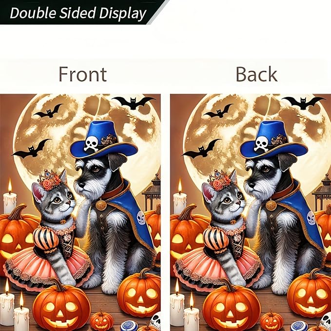Halloween Garden Flag 12x18 Flag Dog Cat Flag Halloween Schnauzer Cat Fairy Pirate Costumes Pumpkins And Full Moon Cute Welcome Garden Flag Patio Lawn Farmhouse Outdoor Party Supplies