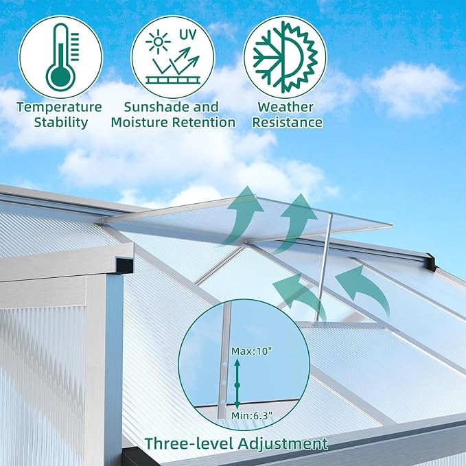 6x10 FT Greenhouse for Outdoors, Large Aluminum Greenhouses with Roof Vent and Quick Setup Structure, Greenhouse Heavy Duty with PC Panels, Walk-in Green Houses for Winter Garden,Backyard,Patio,Lawn