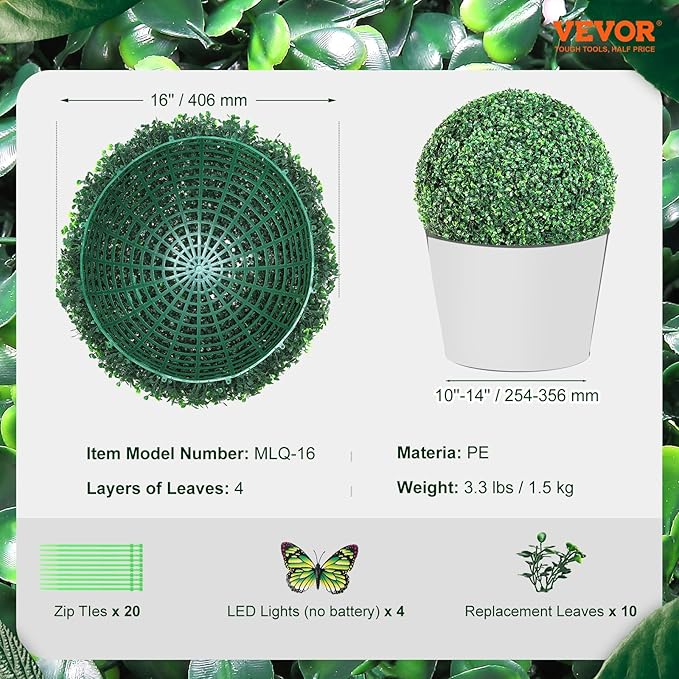 VEVOR 2 Pcs 16” Artificial Plant Topiary Ball, 4 Layers Faux Boxwood Balls, All-Year Green Faux Plant Decorative Balls for Backyard, Balcony,Garden, Wedding and Home Décor