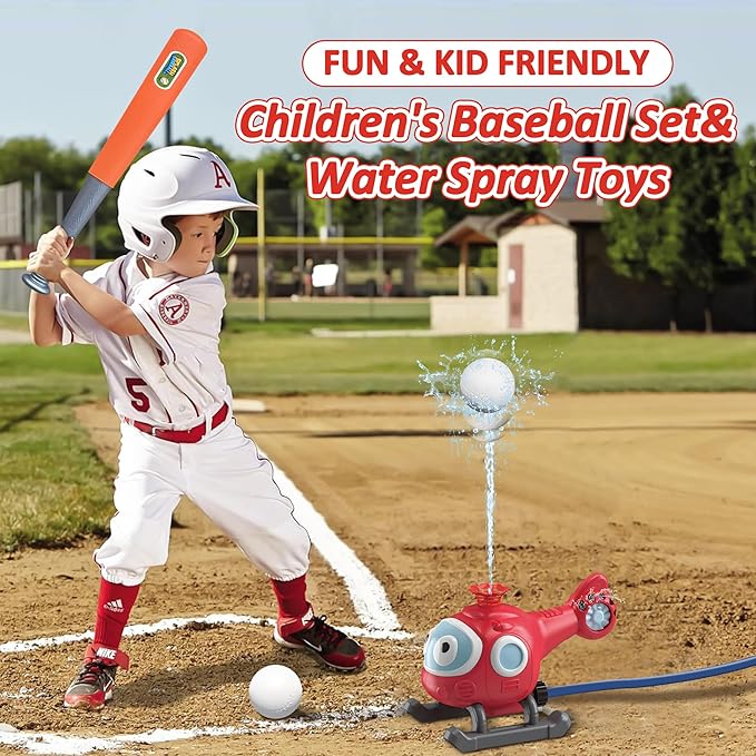 Outdoor Water Sprinklers with 4 T Ball Set for Toddlers Kids Ages 4-8,Summer Outside Sprinklers Play Equipment Baseball Game Lawn Yard Tee Ball Game for Boys Girls,Hose Connector Included