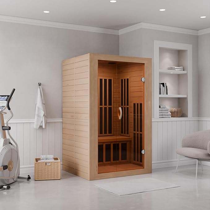 SteamSpa 1-2 Person Low EMF Carbon FAR Infrared Hemlock Wood and Tempered Glass Indoor Home Sauna Room with LED Touch Control Panel, Color LED Therapy Light, Bluetooth Speaker