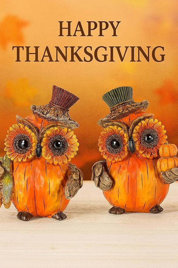 iStatue Set of 2 Thanksgiving Decorations Owl Figurines – Hand-Painted Resin Pumpkin Owls with Sunflower Eyes & Hats, 4.7” Fall Harvest Table Decor for Autumn Centerpiece (Yellow)