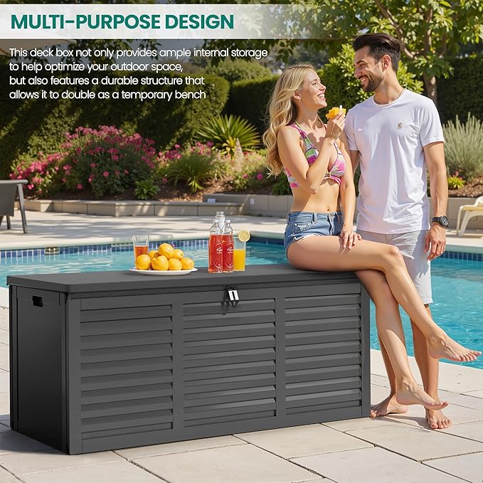 HUGROVE Resin Deck Box, 130 Gallon Outdoor Storage Box with Lockable Lid, Waterproof Patio Storage for Garden Tools & Outdoor Accessories (Dark Black) (Dark Black)
