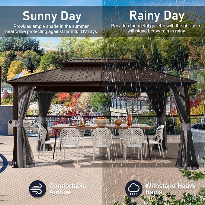 Domi Hardtop Gazebo 12x14FT, Aluminum Outdoor Gazebo with Galvanized Steel Double Roof Canopy, Curtains and Netting Included, Metal Gazebo Permanent Pavilion for Patio, Lawn, Garden, Brown