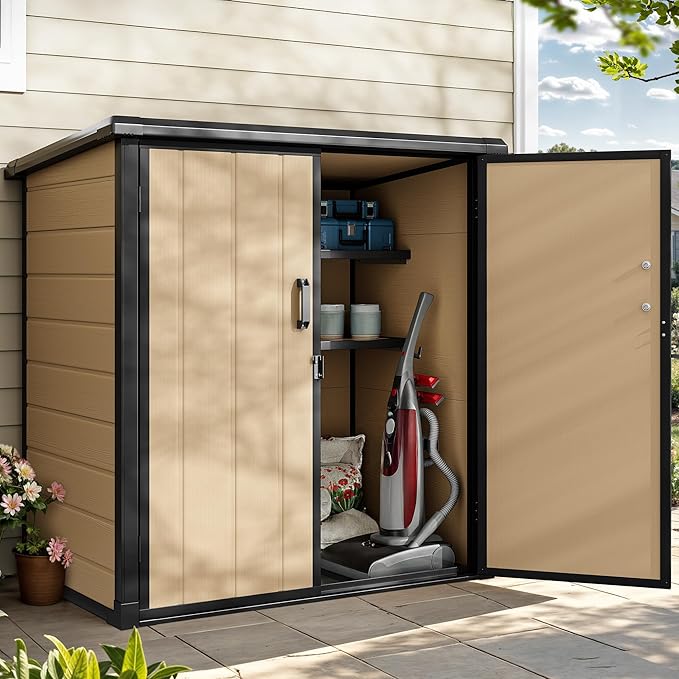 DWVO 51 cuft Outdoor Storage Shed with 2 Shelves, Weatherproof Vertical Tool Shed with Floor & Lockable Doors, Sturdy Double-Wall Plastic Cabinet for Garbage Cans and Garden Equipment (Brown)