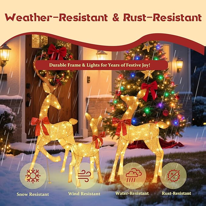 4.5Ft Lighted Reindeer Outdoor Christmas 2D Deer Family Sets Outdoor Reindeer Christmas Yard Decoration with LEDs/Stakes/Zip Ties for Holiday Patio Lawn Garden