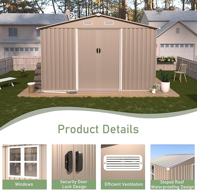 10×8FT Outdoor Storage Shed with Window,Large Metal Tool Shed with Lockable Door and Rainproof Sloped Roof, Garden Shed for Backyard, Patio, Brown