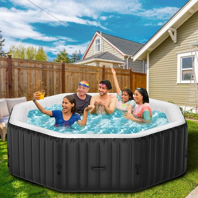 4-6 Person Inflatable Hot Tub, Polygon Portable Blow Up Hot Tub, Leak-Proof PVC Outdoor Spa with 130 Strong Air Jets, Heater Pump and Insulated Cover, 77” X 77”X 25”