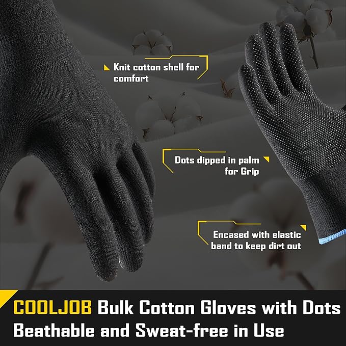 COOLJOB 12 Pairs Cotton Work Gloves with Non-Slip Grip Dots, Breathable Lightweight Gloves for Construction Gardening