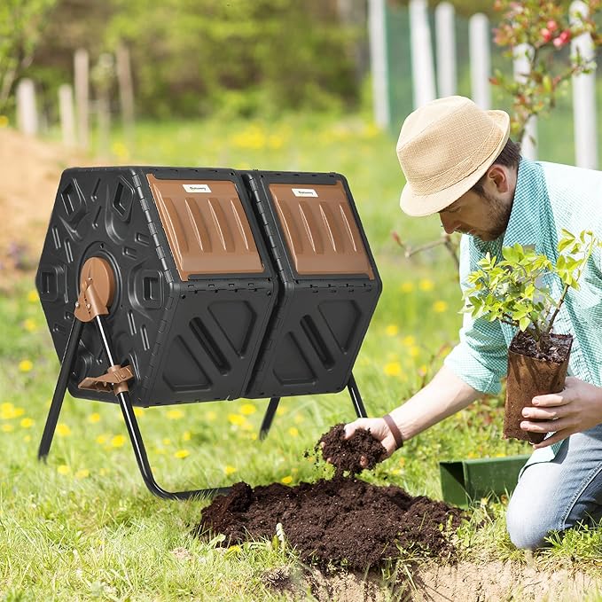 Outsunny Dual Chamber Compost Tumbler Bin, Outdoor Tumbling Composter with 24 Ventilation Openings and Steel Legs, 34.5 Gallon