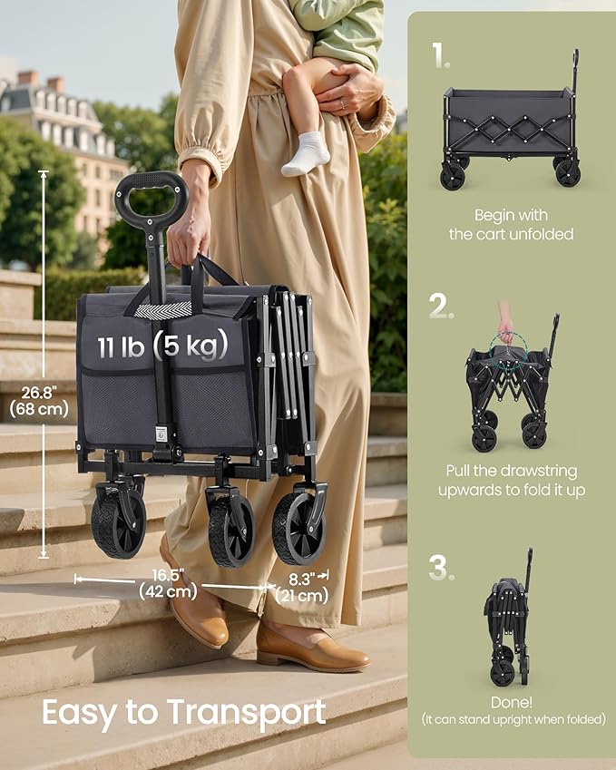 SONGMICS Small Collapsible Wagon with 400 lb Dynamic Weight Capacity, Foldable Wagon Cart, Folding Camp Cart with Wheels, for Outdoor, Yard, 90 L, Slate Gray UGFW909G01