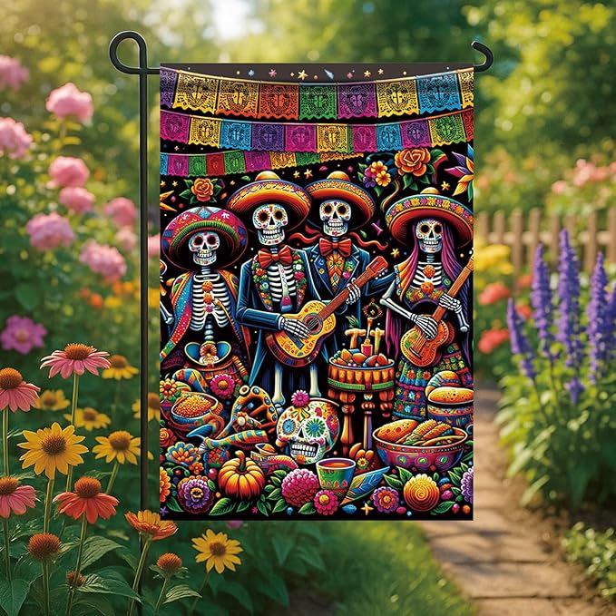 Day of the Dead Garden Flag 12x18 Inch Mexican Sugar Skull Skeleton Band Yard Banner Double Sided Outdoor Dia de los Muertos House Flag Colorful Skull Porch Lawn Decor